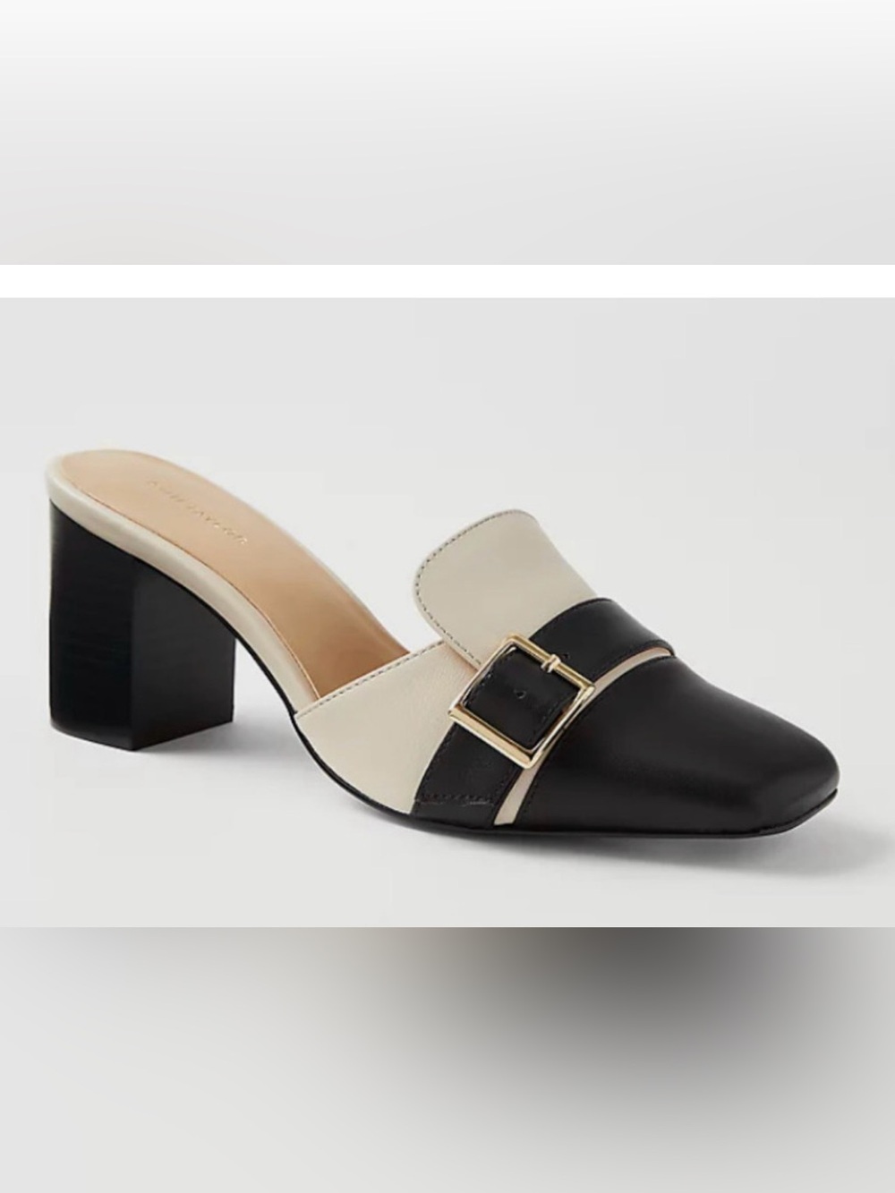 NEW ANN TAYLOR BLACK IVORY LEATHER BUCKLE BLOCK HEEL MULE PUMPS HEELS SHOES 6.5